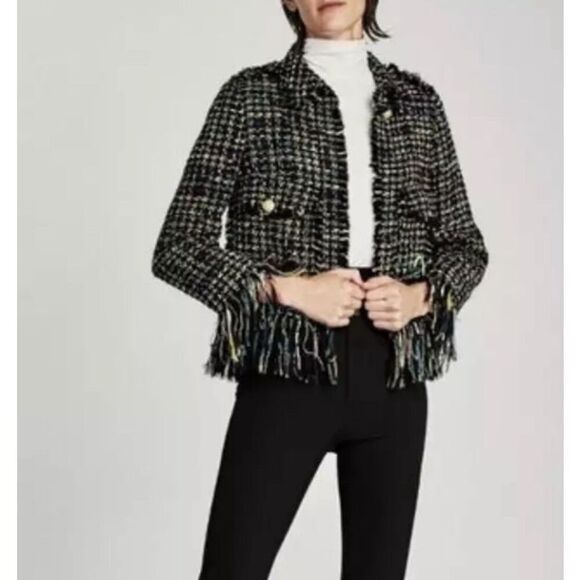 Zara Black Tweed Fringe Hem Gold Accent Wool Blend Long Sleeve Jacket XS - Picture 1 of 13